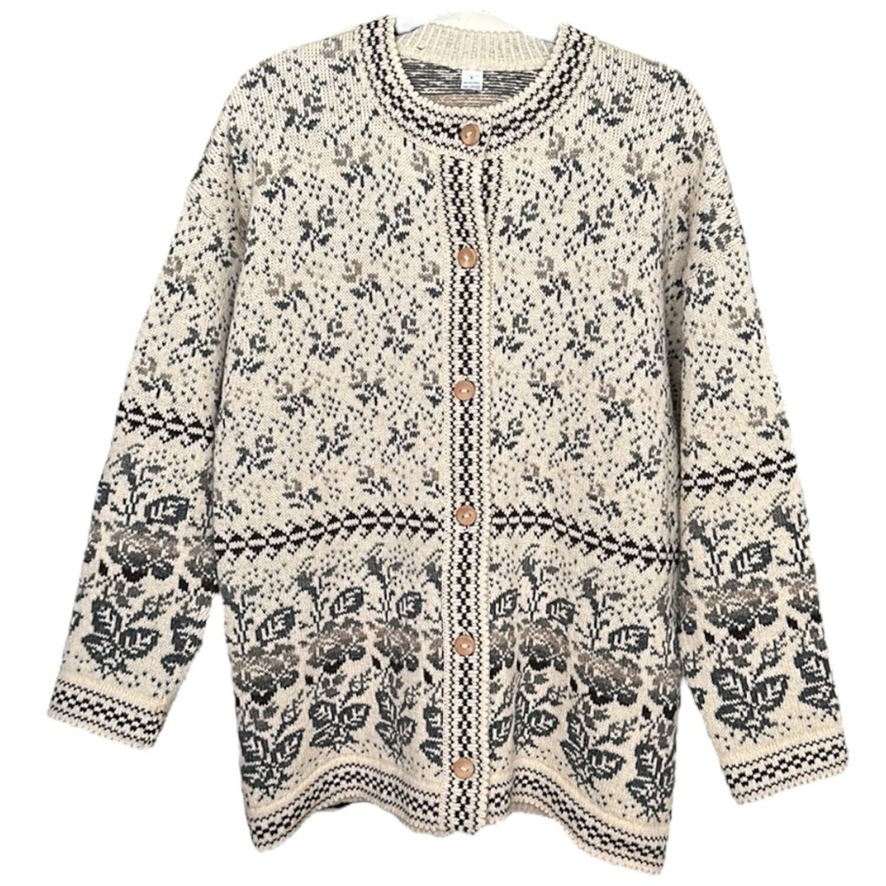 Vintage Nordic Wool Fair Isle Cardigan Sweater Jacket Knit Button Up Cozy Winter